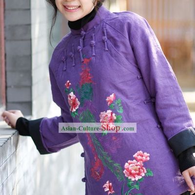 Chinese Traditional Handmade and Embroidered Phoenix Flax Overcoat for Women
