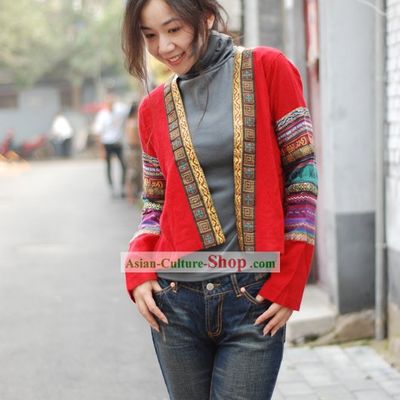 Chinese Traditional Lucky Red Folk Flax Blouse for Women
