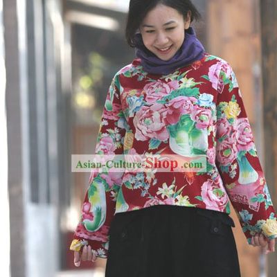 Chinese Traditional Folk Cotton Peony Blouse for Women