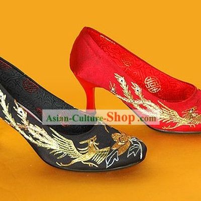Chinese Classical Handmade and Embroidered Dragon and Phoenix High Heel Wedding Shoes