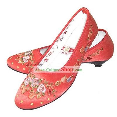 Chinese Traditional Handmade Embroidered Satin Shoes (pomegranate blossom, red)