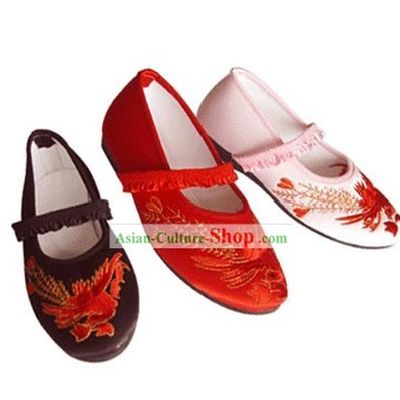 Chinese Traditional Handmade Embroidered Satin Shoes for Children (phoenix)