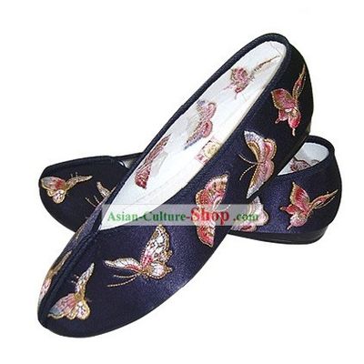 Chinese Traditional Handmade Embroidered Butterfly Satin Shoes (blue)