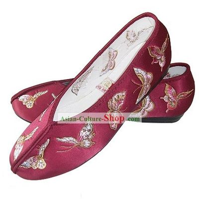 Chinese Traditional Handmade Embroidered Butterfly Satin Shoes (brown)