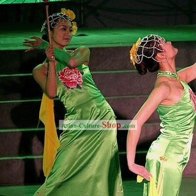 Chinese Traditional Green Peony Cheongsam Dance Costumes Complete Set