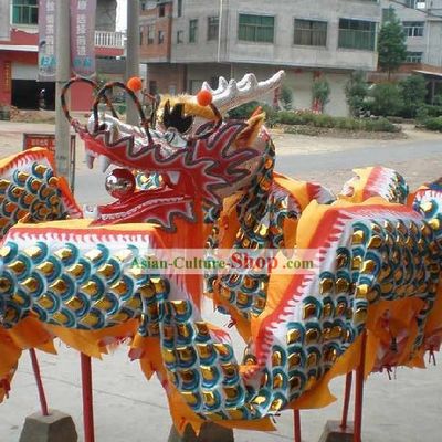 Supreme Chinese Traditional Dragon Dance Equipments Complete Set (Gold Armor Silver Dragon)