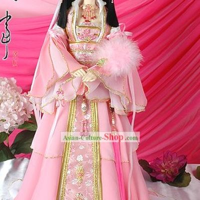 Supreme Chinese Ancient Pink Princess Clothing, Hair Decoration and Accessories Complete Set