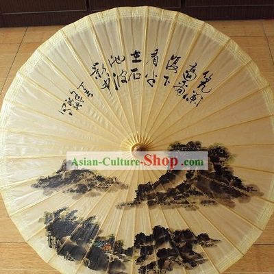 Traditional Chinese Hand Painting Ancient Landscape Beach, Rain and Sun Umbrella