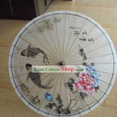 Traditional Chinese Hand Painting Beach, Rain and Sun Umbrella - Fish and Peony