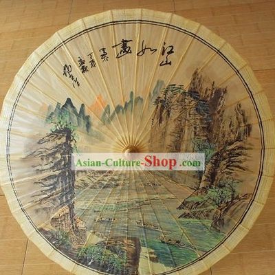 Traditional Chinese Hand Beach, Rain and Sun Umbrella - Ancient Landscape Painting