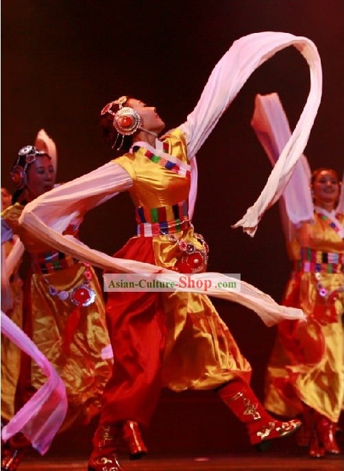 Chinese Traditional Tibet Dance Hat and Costumes For Women (gold)