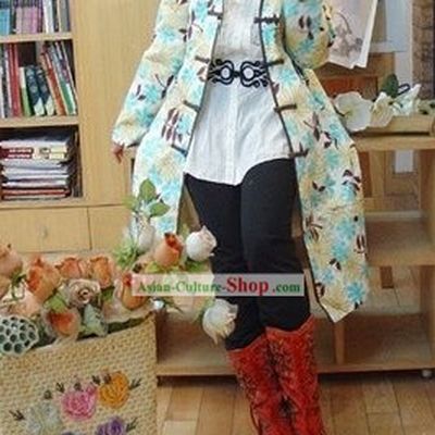 Supreme Chinese Long Yellow Handmade Flowery Cotton Jacket
