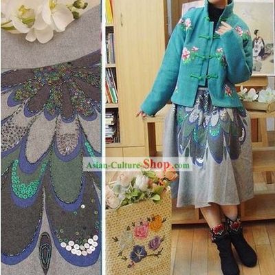 Supreme Chinese Traditional Handmade Wool Peacock Skirt