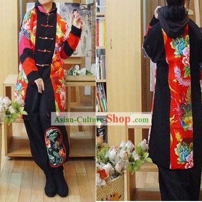 Supreme Chinese Long Lucky Red Handmade Flowery Cotton Jacket