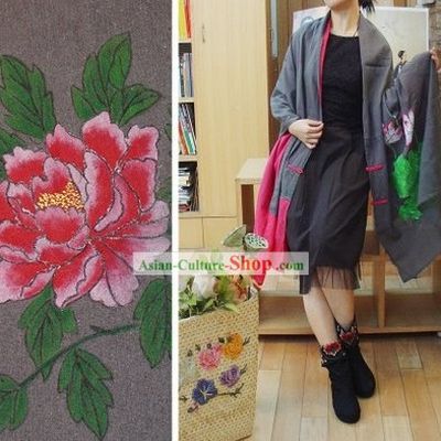 Supreme Chinese Classic Double Layers Large Peony Cotton and Flax Scarf