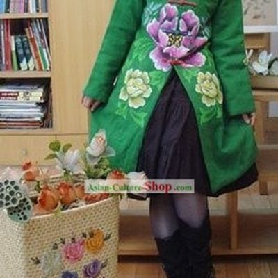 Chinese Classic Mandarin Green Large Flower Winter Outercoat
