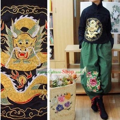 Supreme Chinese Black Hands Embroidered Dragon Cotton Blouse