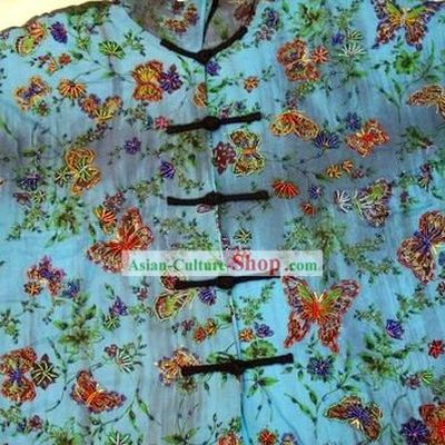 Supreme Chinese Blue Batik Pearls Butterfly Winter Cotton Blouse