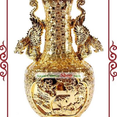 Kai Guang Feng Shui Chinese Golding Dragon and Phoenix Vase (keeping love couple)