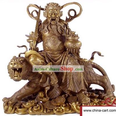 Chinese Traditional Feng Shui Cai Shen Riding on Tiger Brass Statue