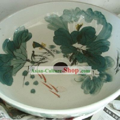 Chinese Classic Jing De Zhen Ceramic Hands Painted Lotus Bathroom Basin