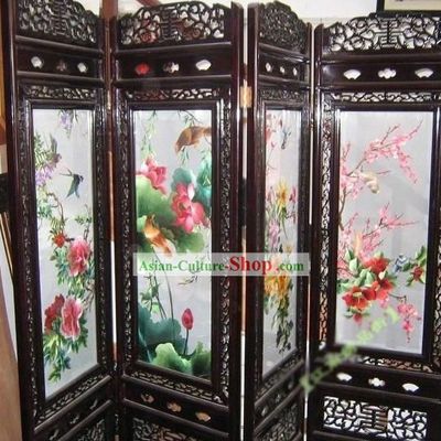 Supreme Chinese Hands Embroidered Four Seasons Folding Screen
