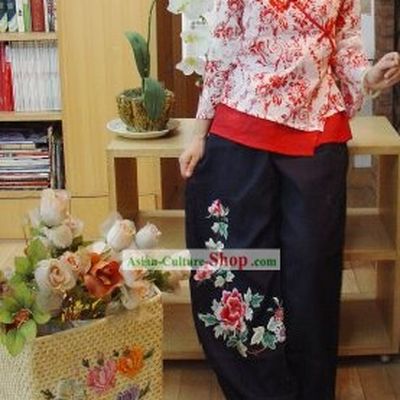 Chinese Classic Embroidered Large Peony Cotton and Flax Trousers