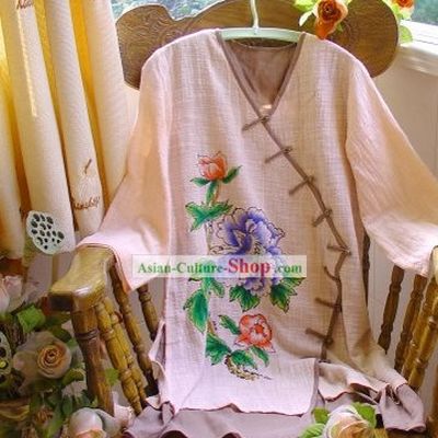 Chinese Classic Hand Painted Peony Cotton and Flax Mandarin Blouse