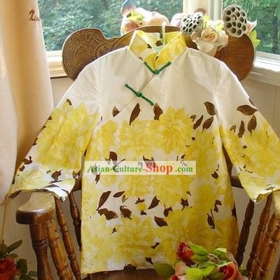 Chinese Classic Mandarin Collar Drunk Chrysanthemum Cotton Blouse
