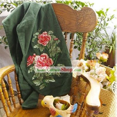 Chinese Classic Embroidered Large Peony Cotton and Flax Green Trousers