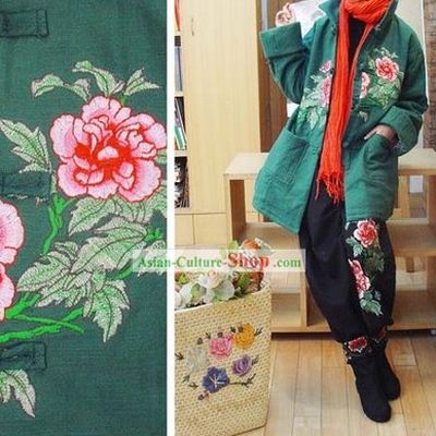 Chinese Classic Handmade Long Cotton Peony Warm Winter Overcoat