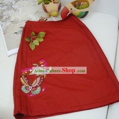 Chinese Traditional Hands Embroidered Butterfly Lucky Red Skirt