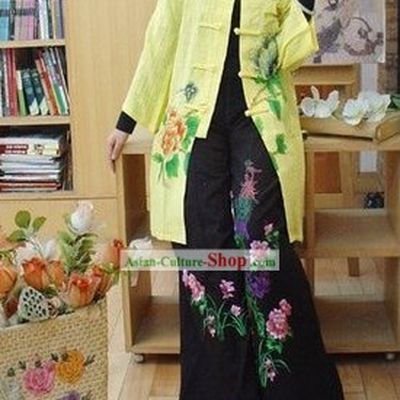 Supreme Chinese Long Yellow Hands Painted Peony Cotton Jacket
