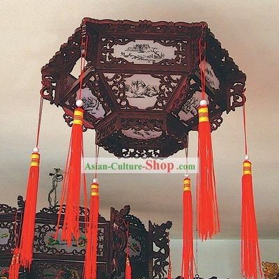 Traditional Chinese Hand Carved Natural Wood Palace Ceiling Lantern