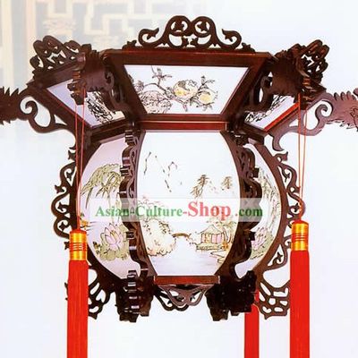Chinese Hand Made and Carved Wooden Dragon Ceiling Lantern - Landscape Painting