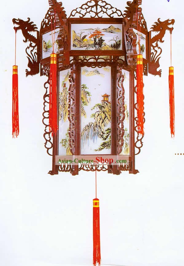 Chinese Classical Landscape Hand Painted Carved Palace Lantern