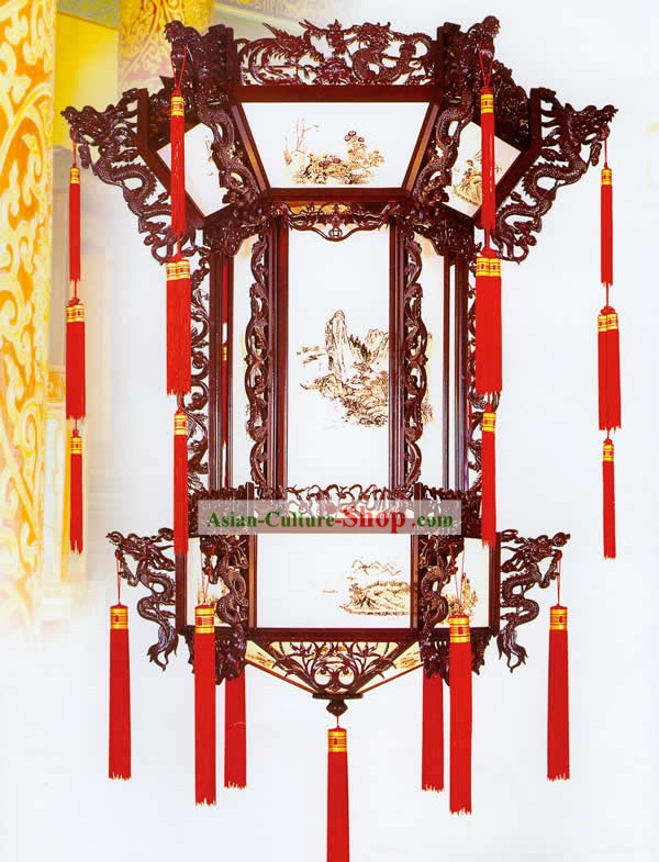 95 Inches Super Large Chinese Hand Made Wooden Dragons Ceiling Lantern - Ancient Landscape