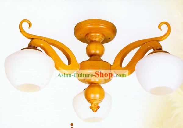 Chinese Classical White Glass and Wooden Ceiling Lantern