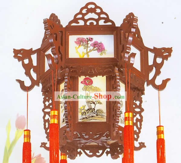 Chinese Hand Made Carved Wooden Double Dragons Ceiling Lantern - Traditional Painting