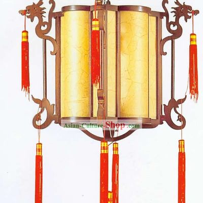 Chinese Hand Made Carved Wooden Plain Double Dragons Ceiling Lantern