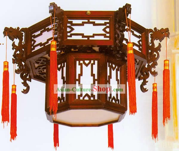 22 Inches Large Chinese Hand Made and Carved Wooden Double Dragons Wall Lantern