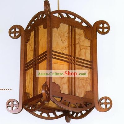 21 Inches Chinese Hand Made Carved Carriage Shape Wooden Ceiling Lantern