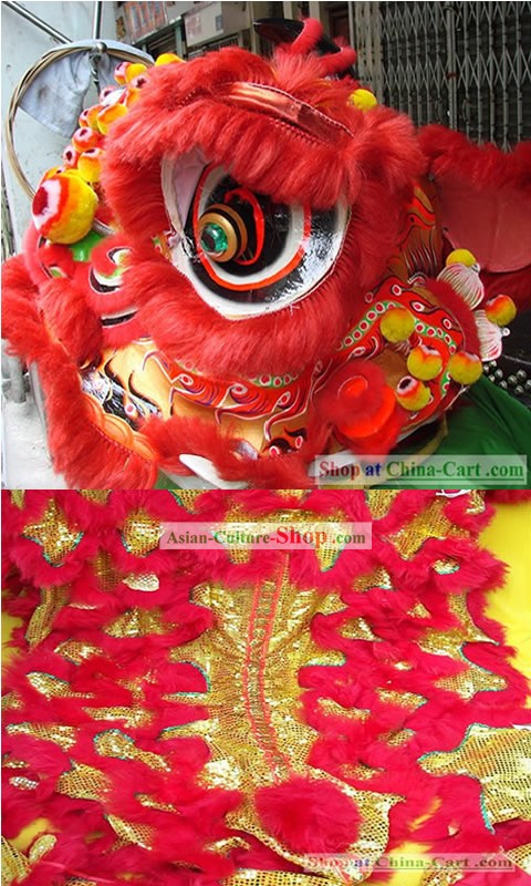 Chinese Traditional Zhang Fei FUT SAN Lion Dance Costumes Complete Set (red and gold)