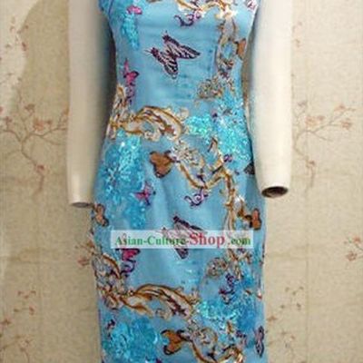 Chinese Stunning Blue Butterfuly Silk Cheongsam (Qipao)