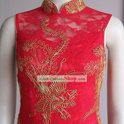 Stunning Mandarin Gold Phoenix Lucky Red Cheongsam (Qipao)