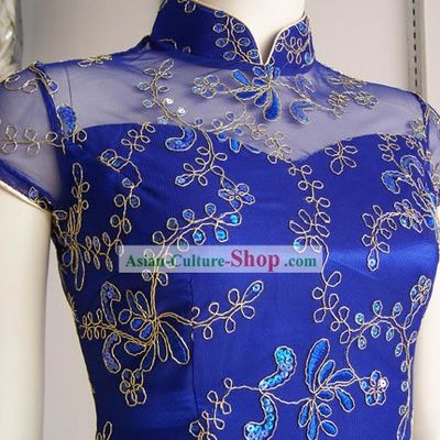 Stunning Hand Made Mandarin Gold Floral Blue Cheongsam (Qipao)