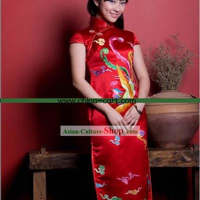 Stunning All Hand Embroidery Phoenix Red Silk Long Cheongsam (Qipao)