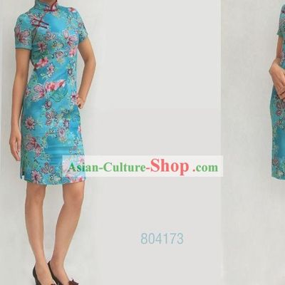 Chinese Stunning Light Blue Butterfly and Flower Cheongsam (Qipao)