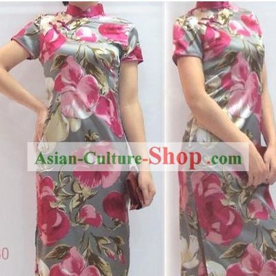 Chinese Classical Pink Floral Silk Cheongsam (Qipao)
