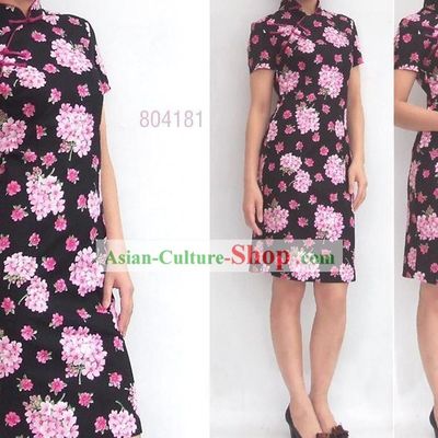 Chinese Traditional Large Pink Flower Cotton Cheongsam (Qipao)